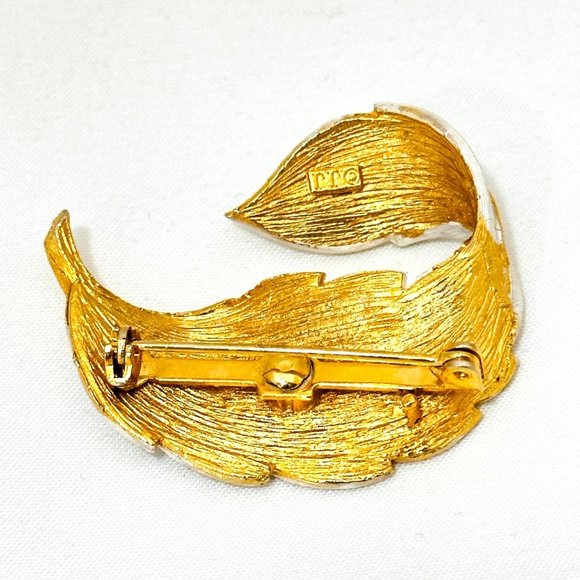 Vintage Silvery-White Brushed Enamel Leaf/Feather Brooch Signed JJ - Picture 7 of 8